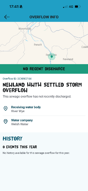 Surfers Against Sewage app showing the Newland storm overflow on the River Wye